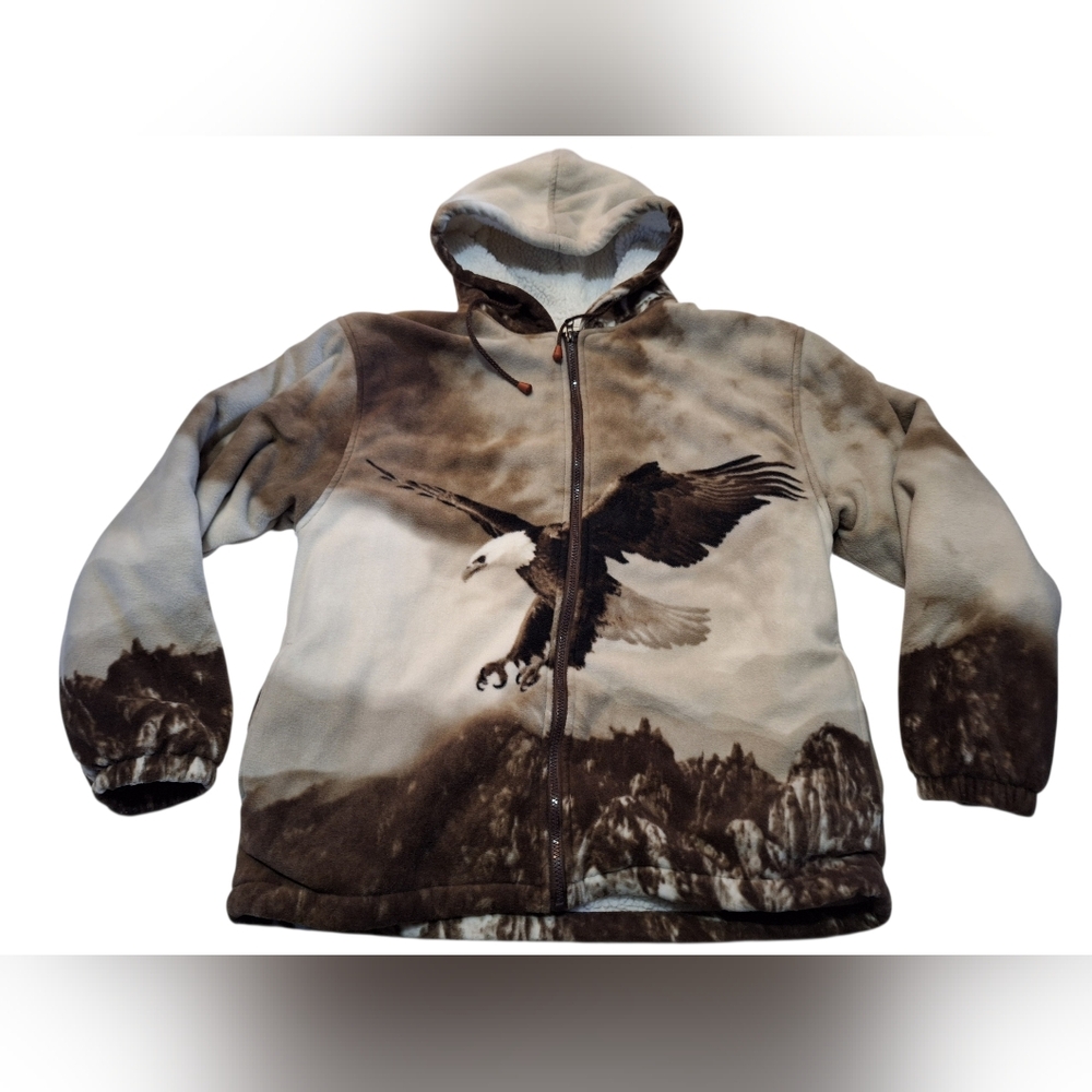 Vtg Black Canyon Outfitters Eagle Graphic Hooded Eagle Jacket XL Sherpa Lined